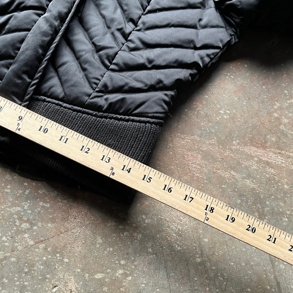 Bebe Black Chevron Quilted Down Puffer Jacket Real Rabbit Fur Hood Lace Up Small - Picture 10 of 11